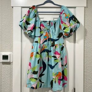 A New Day Puff Sleeve Tropical Mini Dress